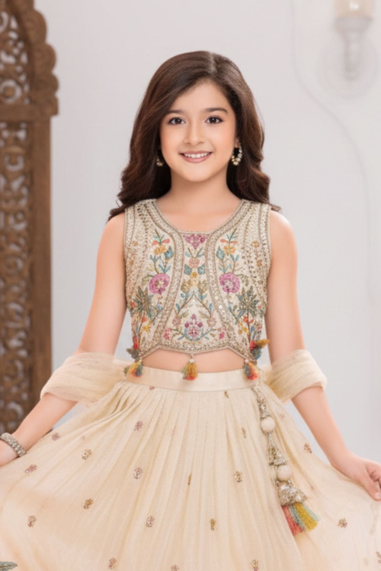 Ivory Embroidered Lehenga Choli Set with Dupatta For Girls