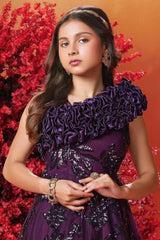 Elegant Plum Sequin Embroidery Partywear Gown For Girls