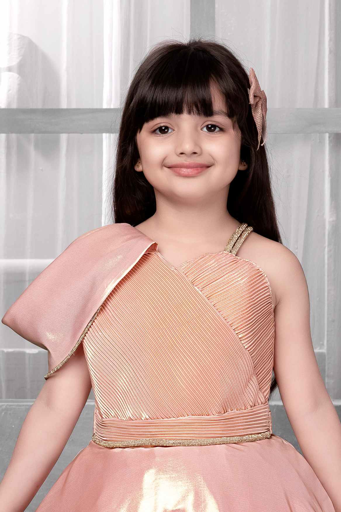 Shimmery Peach One-Shoulder Party Wear Frock With Draped Detail For Girls 6-12M (16) Shimmery Peach One-Shoulder Party Wear Frock With Draped Detail For Girls 6-12M (16)