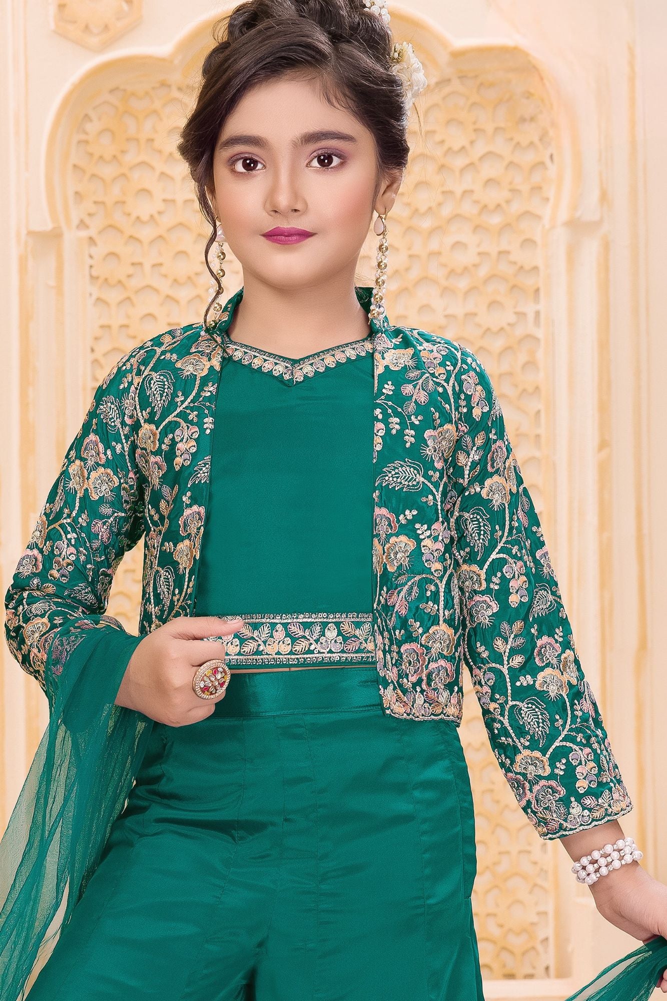 Teal Green Embroidered 3-Piece Palazzo Set for Girls