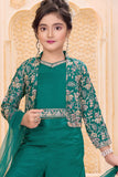 Teal Green Embroidered 3-Piece Palazzo Set for Girls