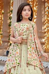 Fawn Sequin And Floral Embroidered Lehenga choli With Overcoat For Girls