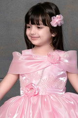 Designer Pink Satin Sequin And Floral Embellished Frock For Girls