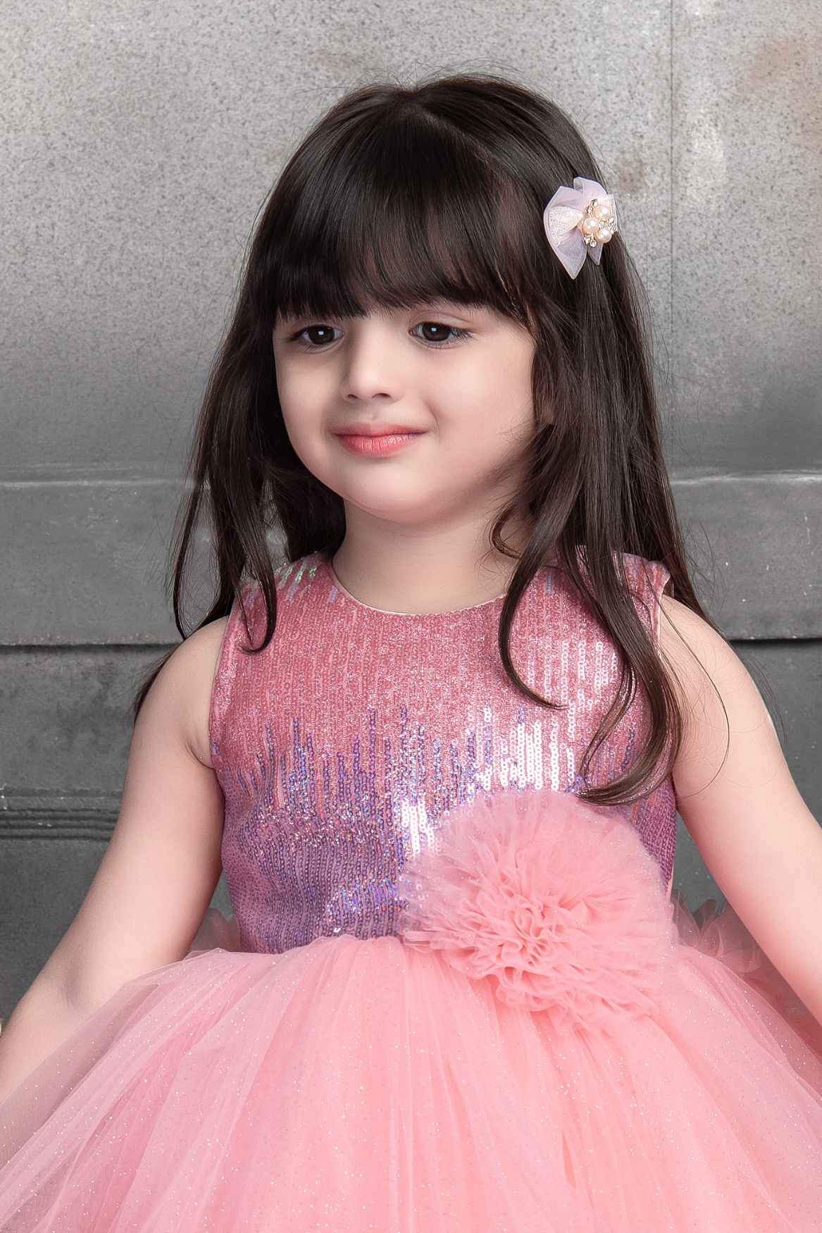 Peach Sequin Partywear Net Tailback Frock For Girls