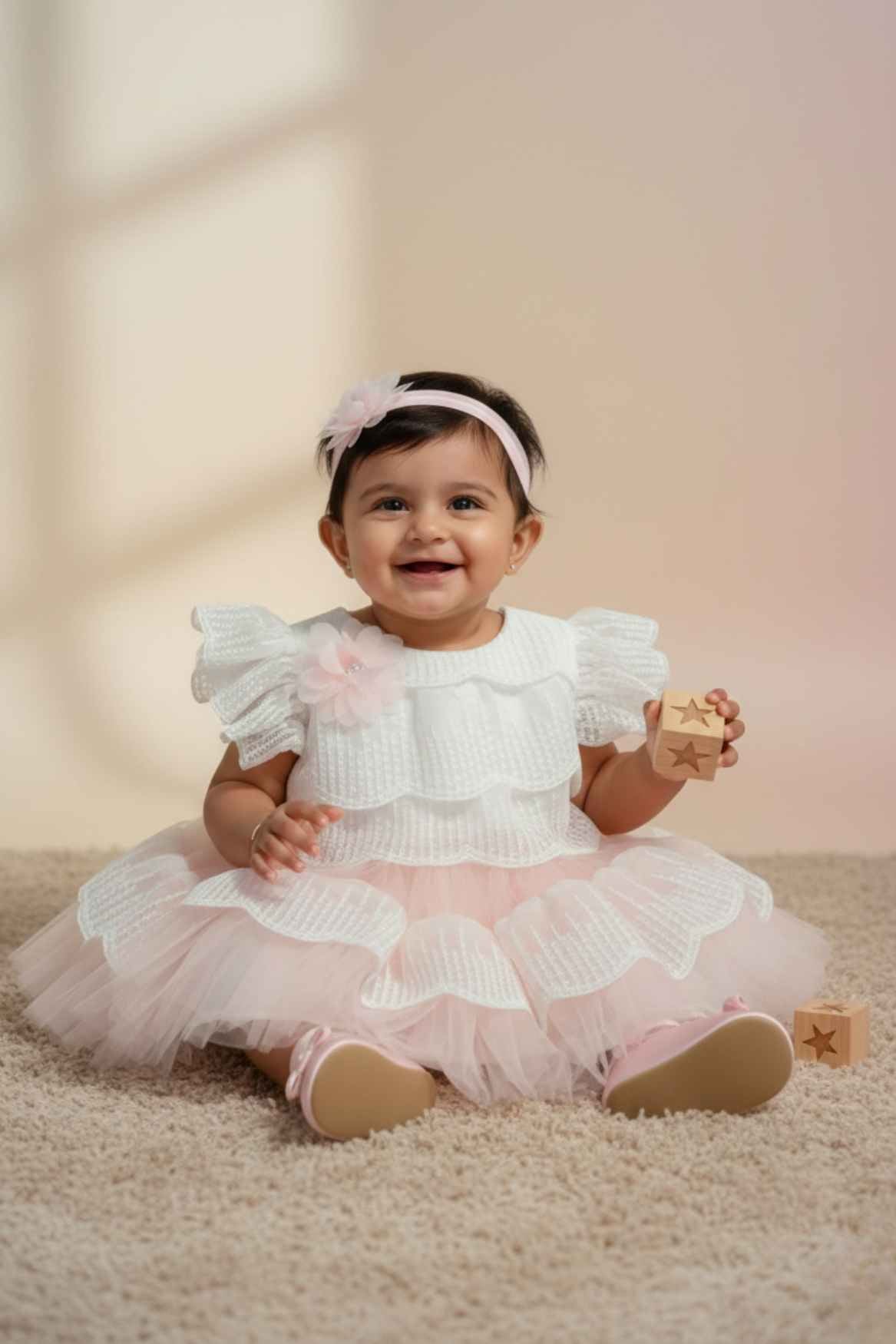 Peach Layered Frock with White Scallop Lace and Floral Accent For Girls
