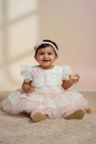 Peach Layered Frock with White Scallop Lace and Floral Accent For Girls