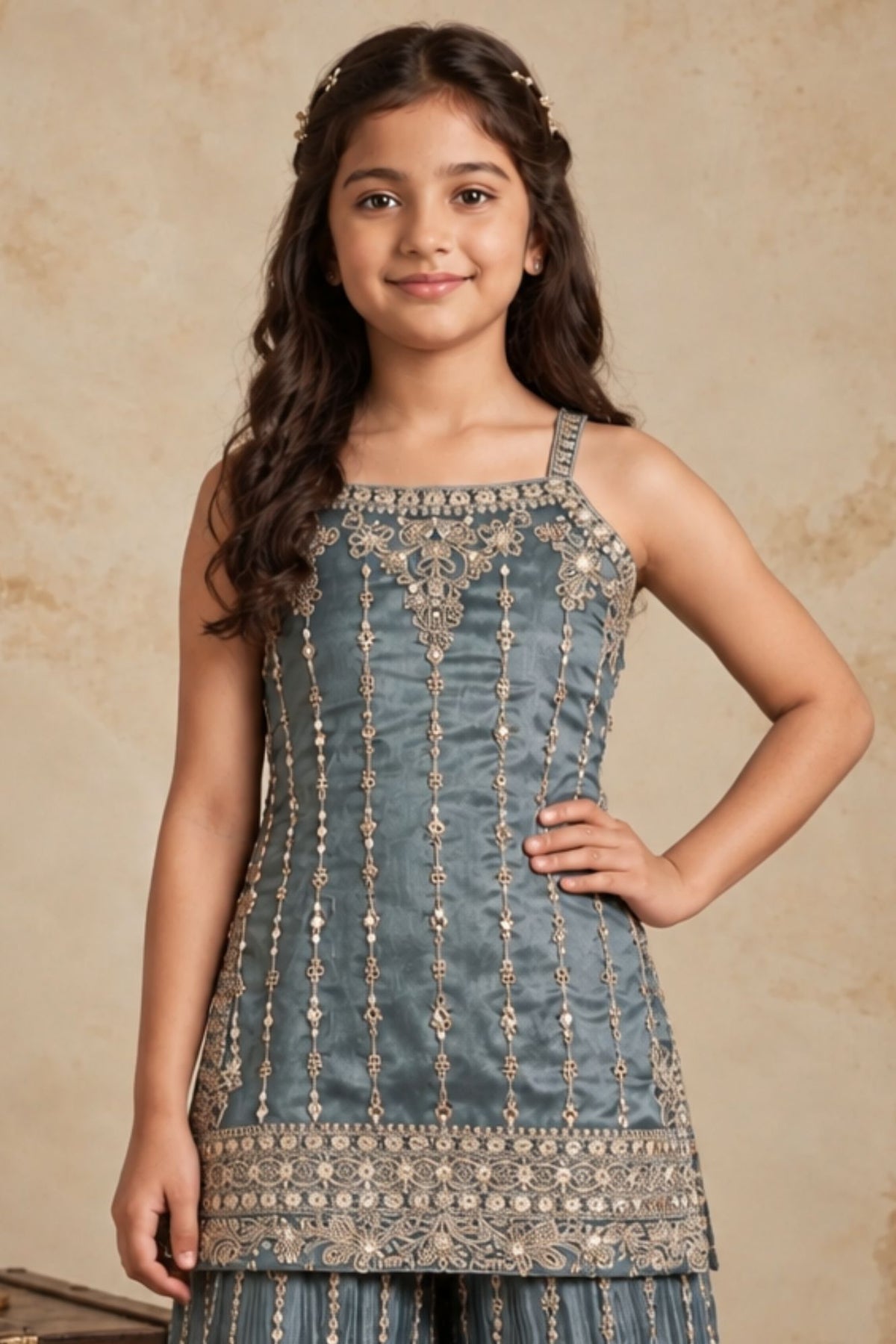 Blue Designer Embroidered Palazzo Set For Girls