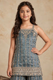 Blue Designer Embroidered Palazzo Set For Girls