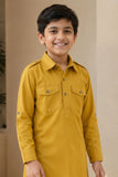 Mustard Yellow Pathani Set With Shirt Collar Design For Boys