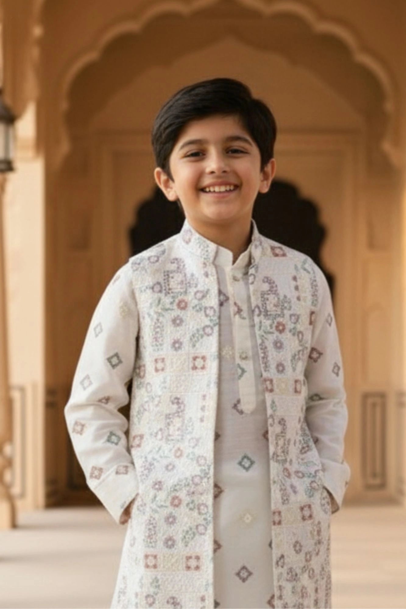 Cream Embroidered Sherwani Set with Jacket For Boys