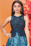 Elegant Peacock Blue Sequined Partywear Gown For Girls