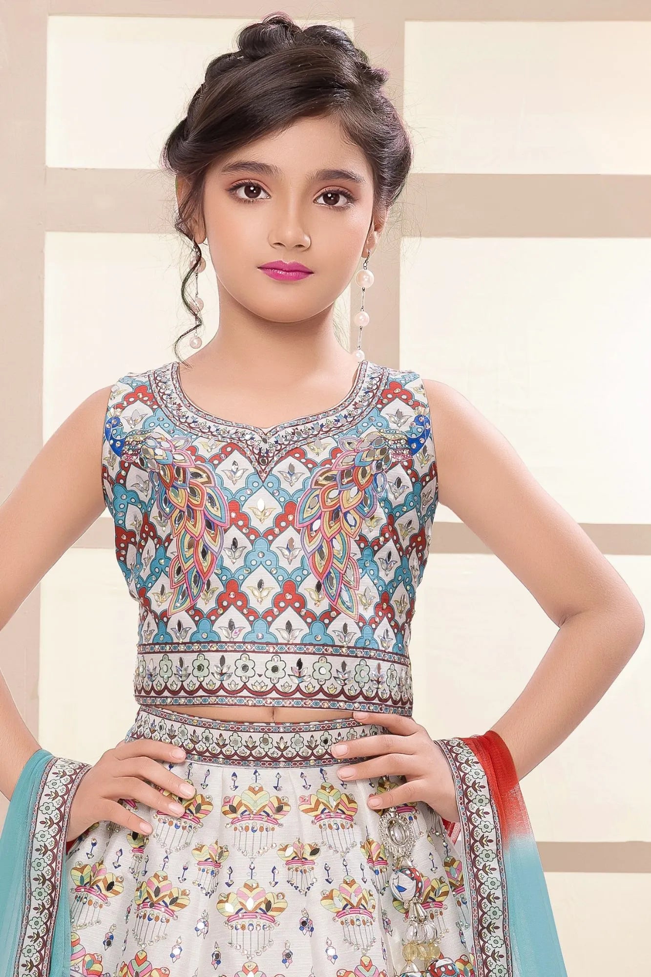Ivory Multicolor Peacock Printed Lehenga Choli Set For Girls