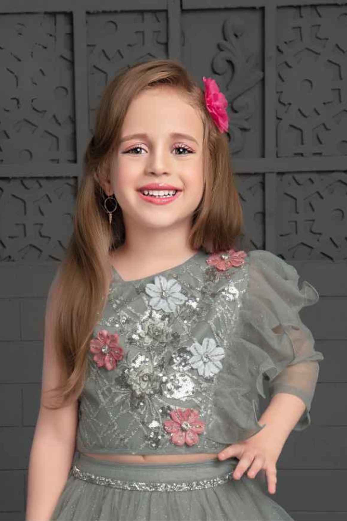 Grey Sequin Ghagra-Choli Set With Asymmetric Ruffled Sleeves For Girls