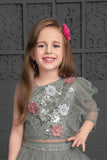 Grey Sequin Ghagra-Choli Set With Asymmetric Ruffled Sleeves For Girls