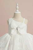 White Party Wear Frock with 3D Floral Appliqué and Bow Accent For Girls