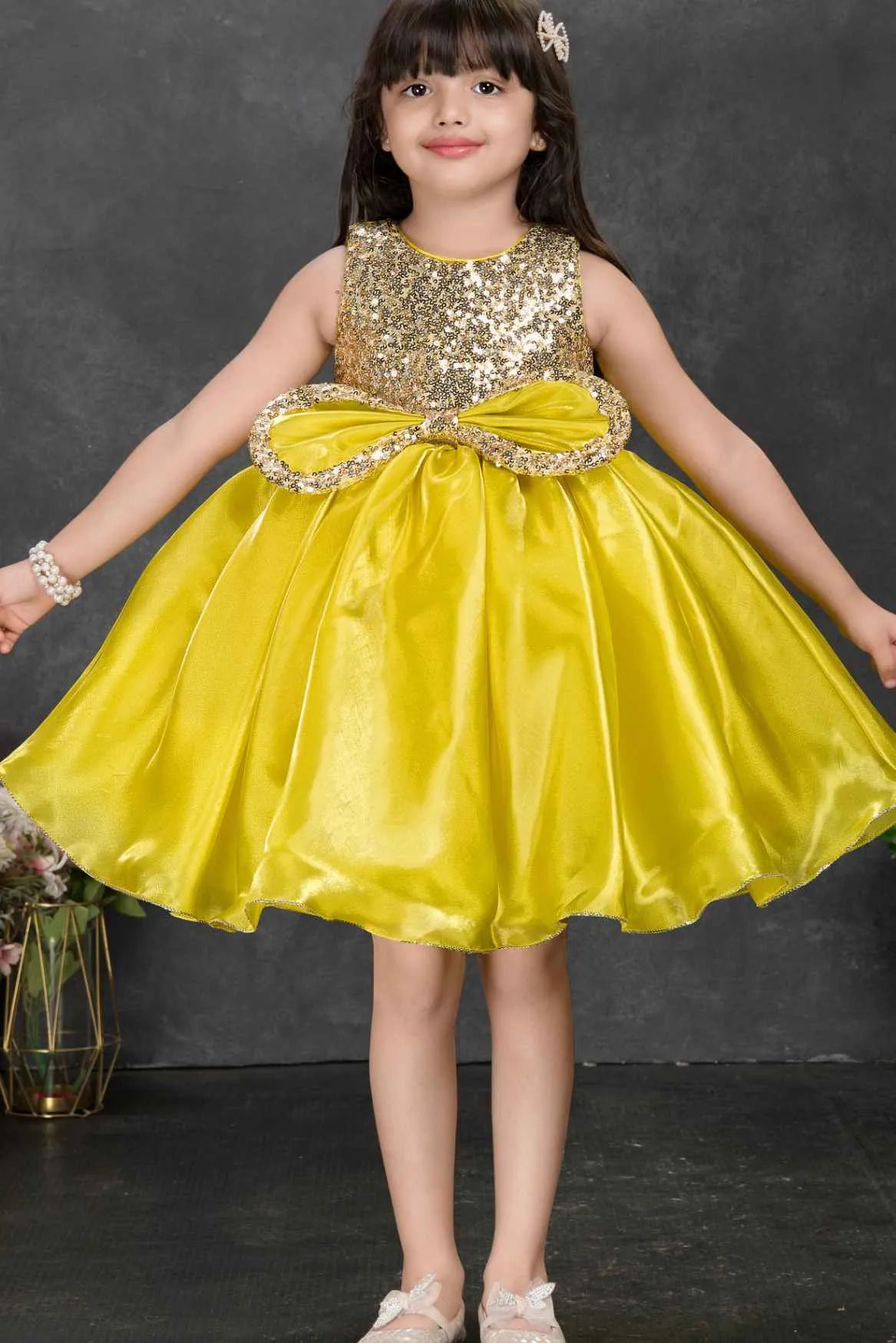Yellow Sparkle Embellished Party Frock For Girls