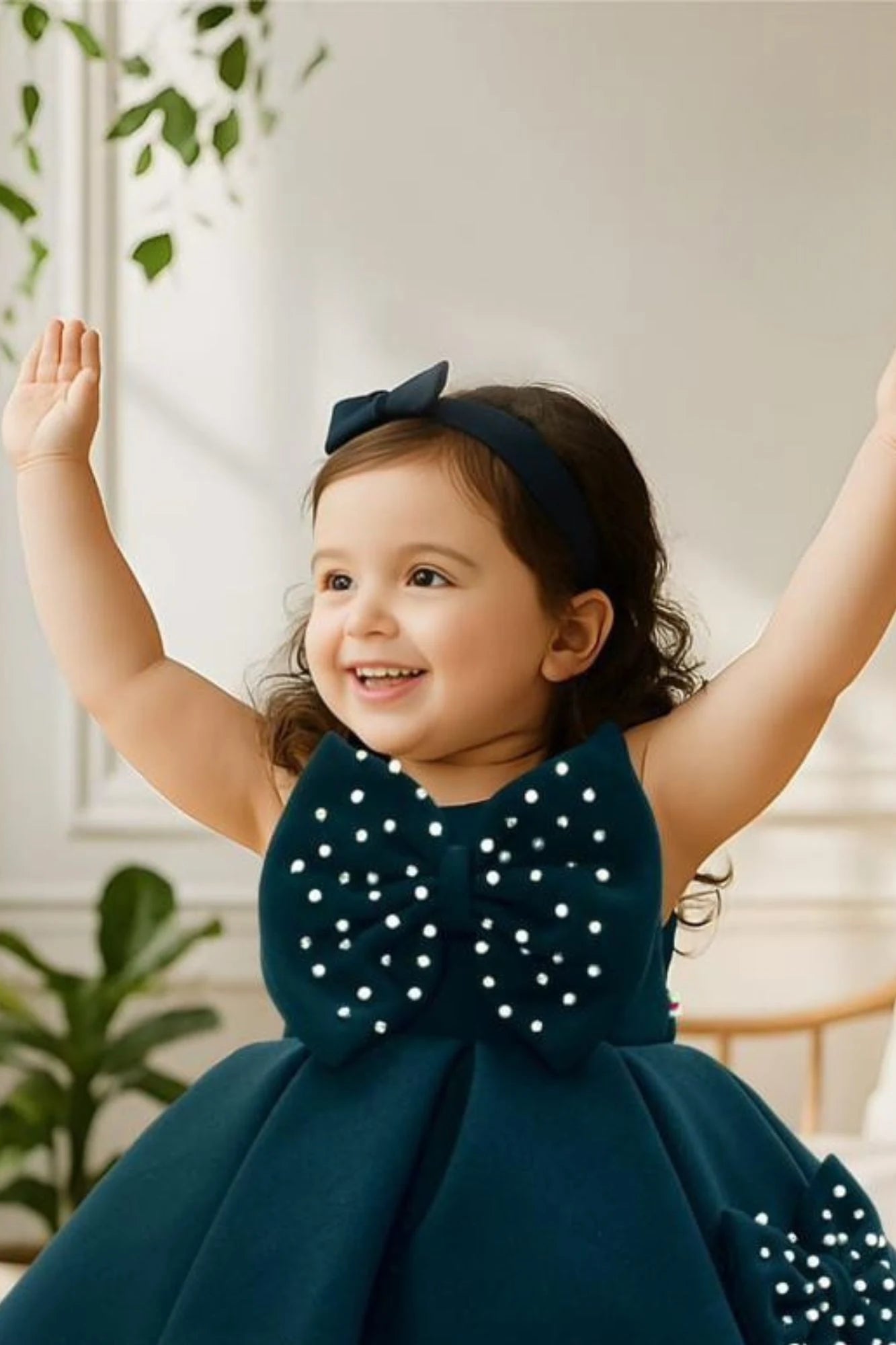 Bottle Green Party Frock With Pearl-Studded Bows For Girls