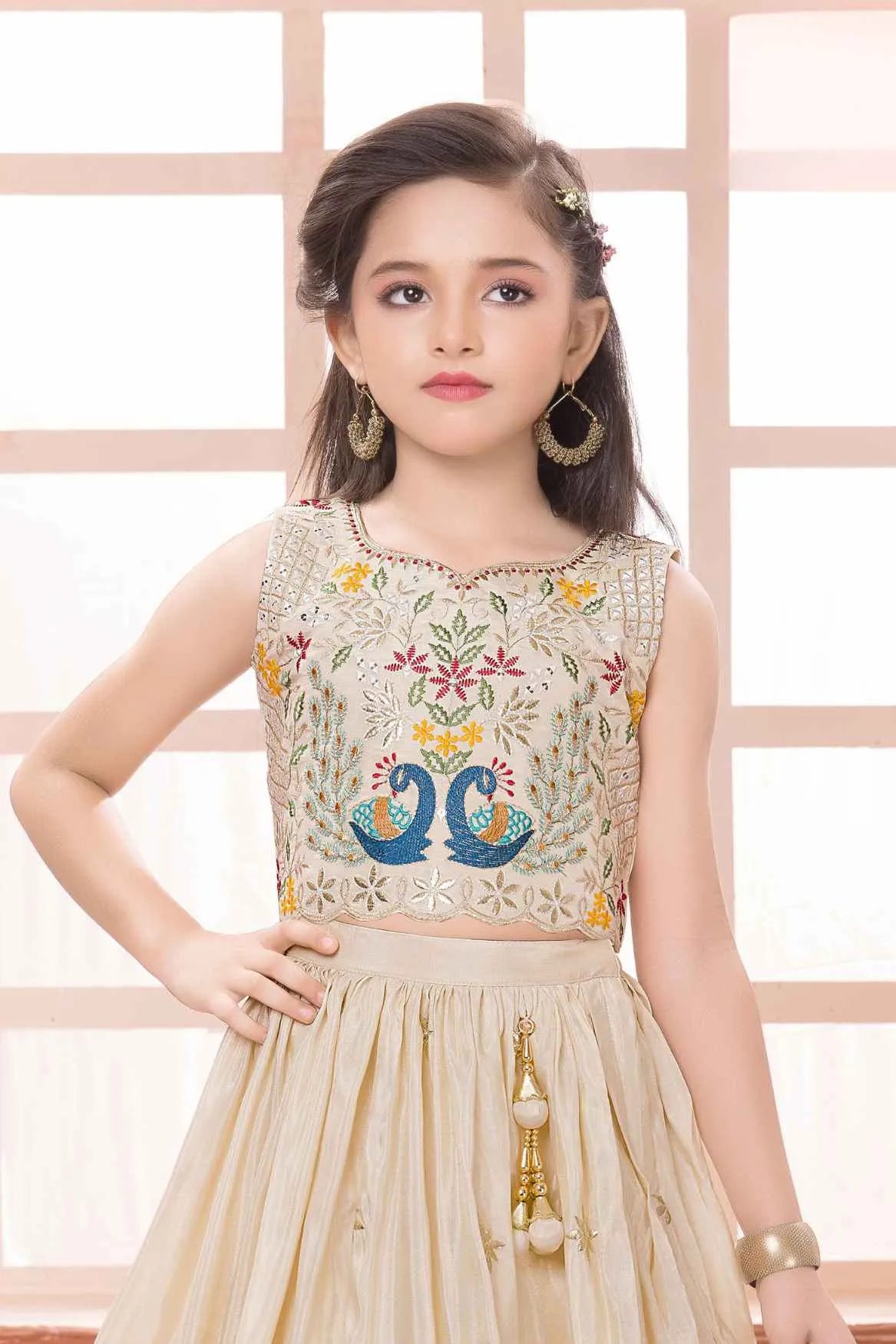 Cream Lehenga Choli Set With Peacock Embroidery And Dupatta For Girls