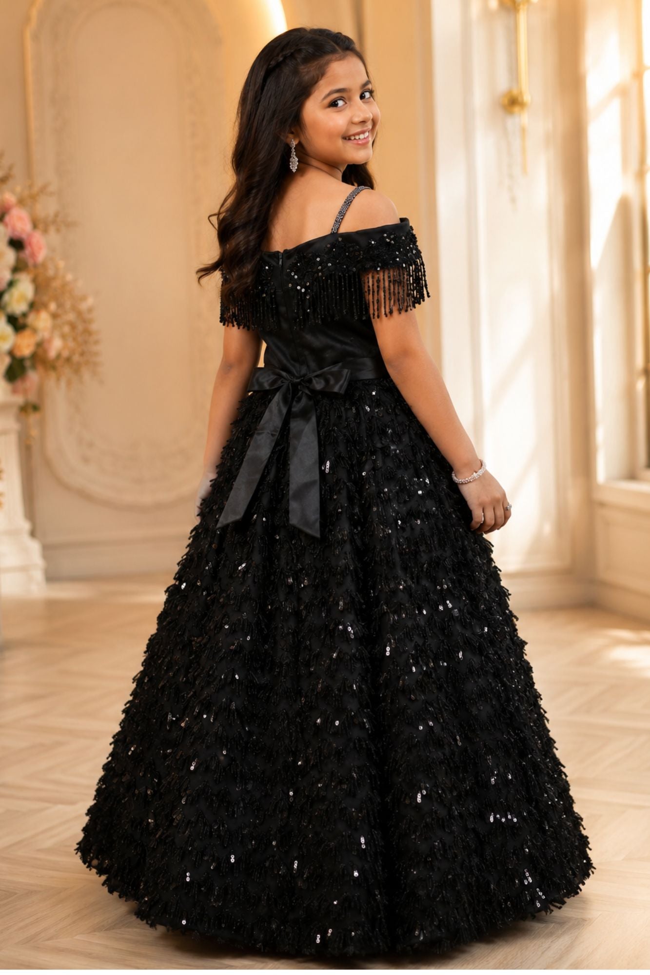 Girls Black Off-Shoulder Sequined Party Wear Gown with Fringe And Textured Flared Skirt