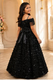 Girls Black Off-Shoulder Sequined Party Wear Gown with Fringe And Textured Flared Skirt