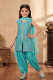 Girls Aqua Blue Embroidered Patiala Set With Dupatta