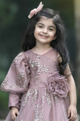 Onion Pink Floral Embellished And Sequins Embroidered Gown For Girls