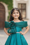 Teal Green Off-Shoulder Pleated Bow Party Gown For Girls