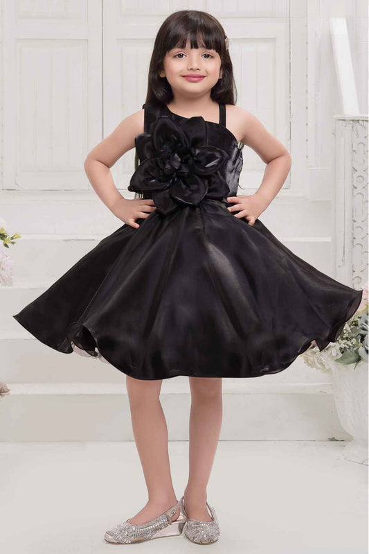 Black Sleeveless And Floral Embellished Frock For Girls