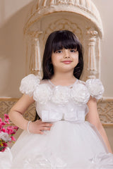 White Floral Appliqué Party Frock For Girls
