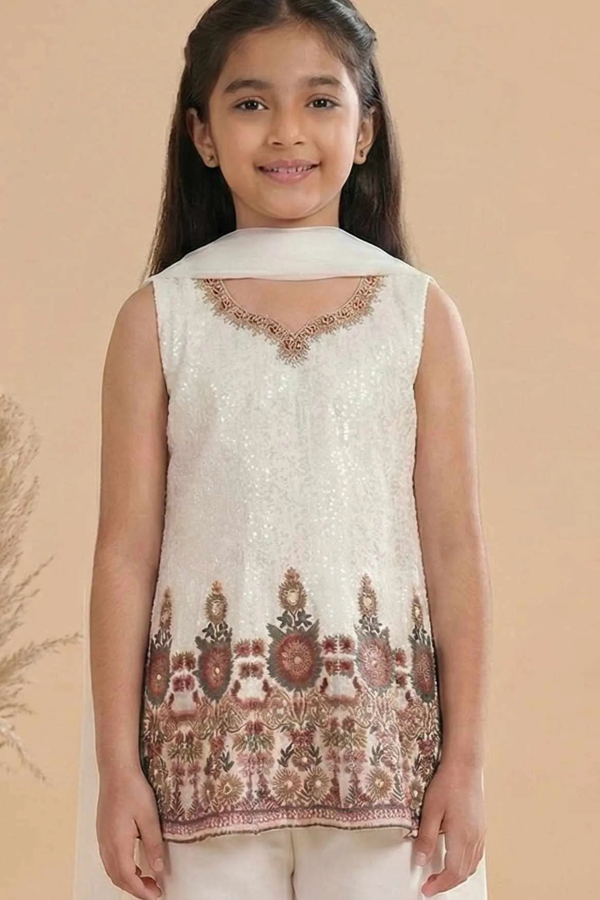 White Sequin Embroidered Palazzo Set with Dupatta For Girls
