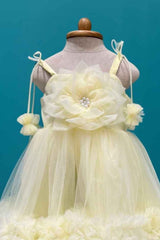 Lemon Yellow Ruffle Frock With Floral Embellished For Girls