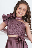 Mauve Sequin One-Shoulder Lehenga Set For Girls