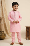 Pink Embroidered Linen Kurta Set For Boys