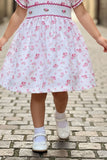 White & Pink Floral Smocked Dress with Peter Pan Collar For Girls