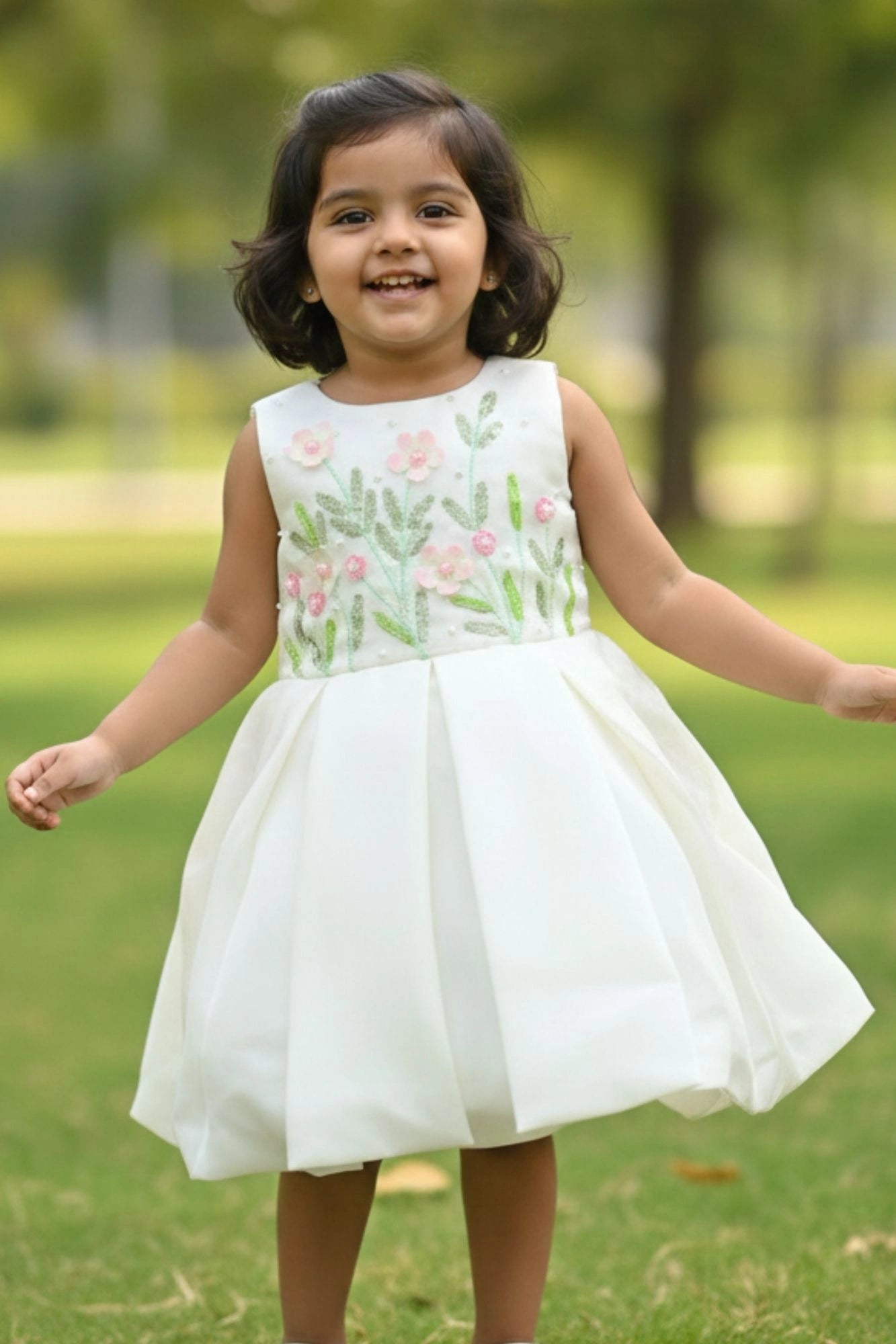 White Floral Sequins Embroidered Party Wear Frock For Girls