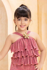 Western Dusky Pink Floral Embellished Top And Palazzo Pant Set For Girls