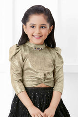 Golden Top And Sequined Skirt With Puffed Sleeves Set For Girls