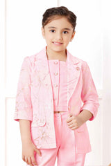 Stylish Pink Co Ord Set With Overcoat For Girls