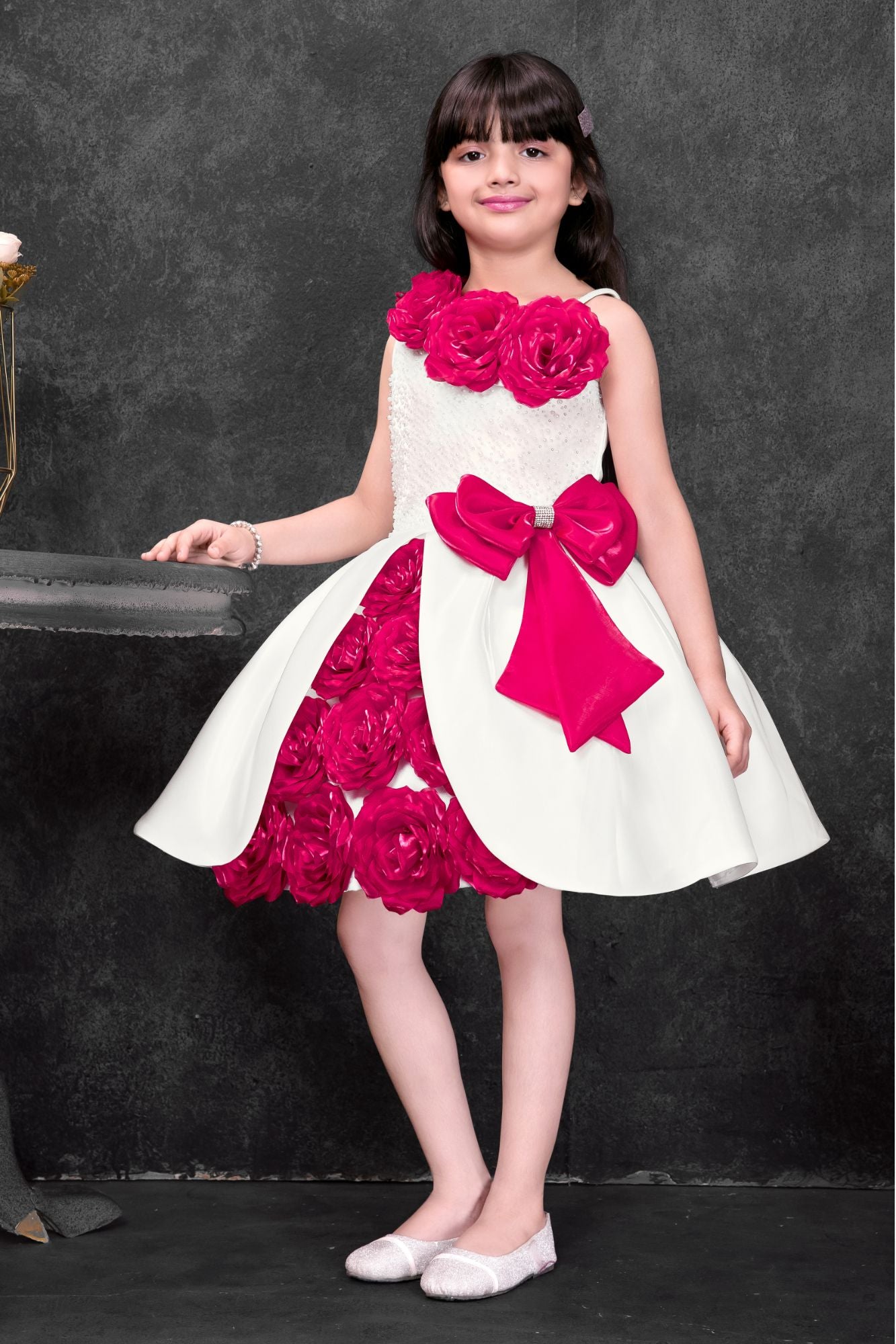 Girls White And Fuchsia Floral Applique Party Wear Frock with Bow Detail