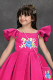Fuchsia Pink Floral Embroidered Frock with Sling Bag For Girls