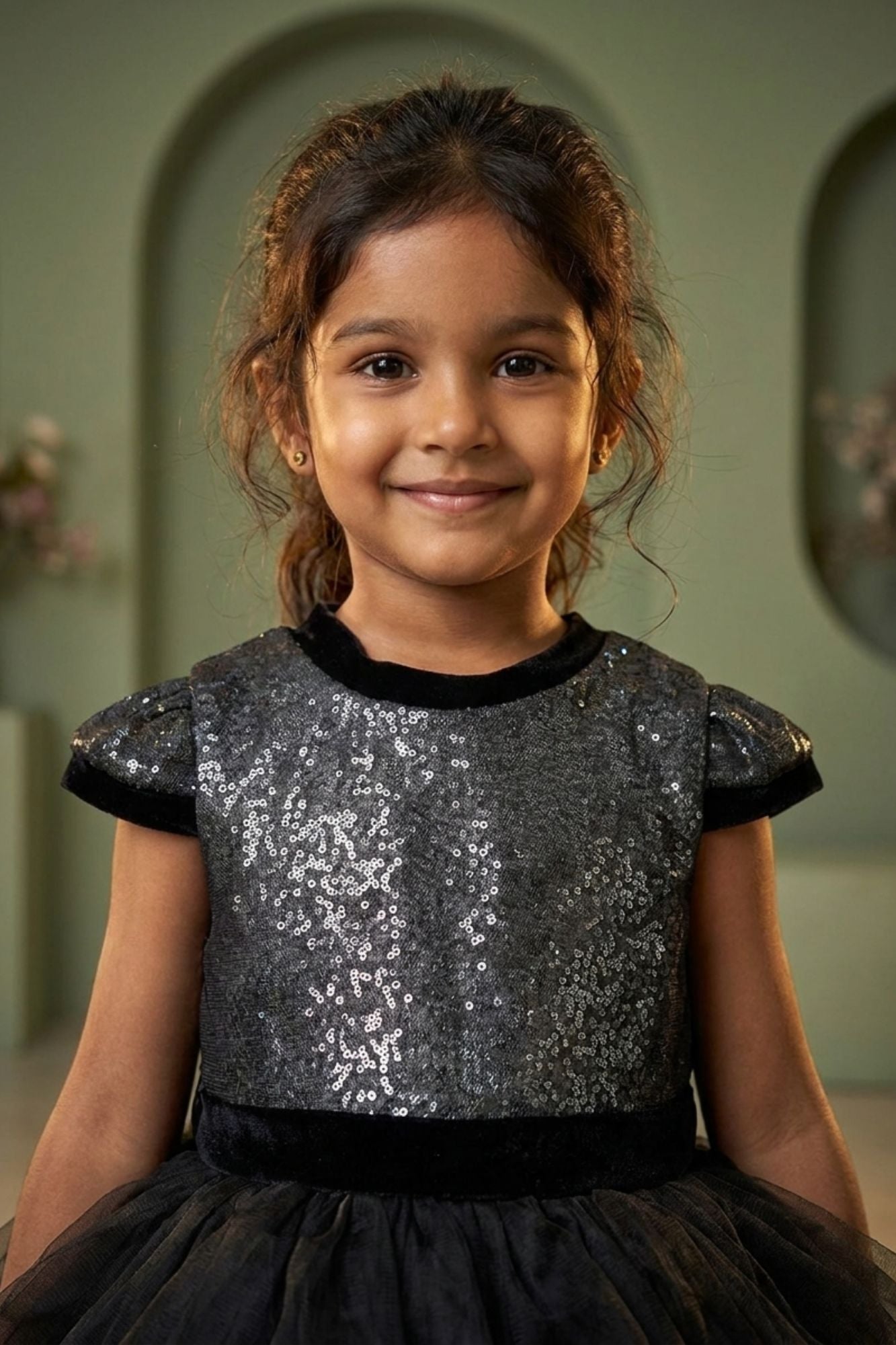 Girls Black Party Wear Frock with Sequin Embellishments