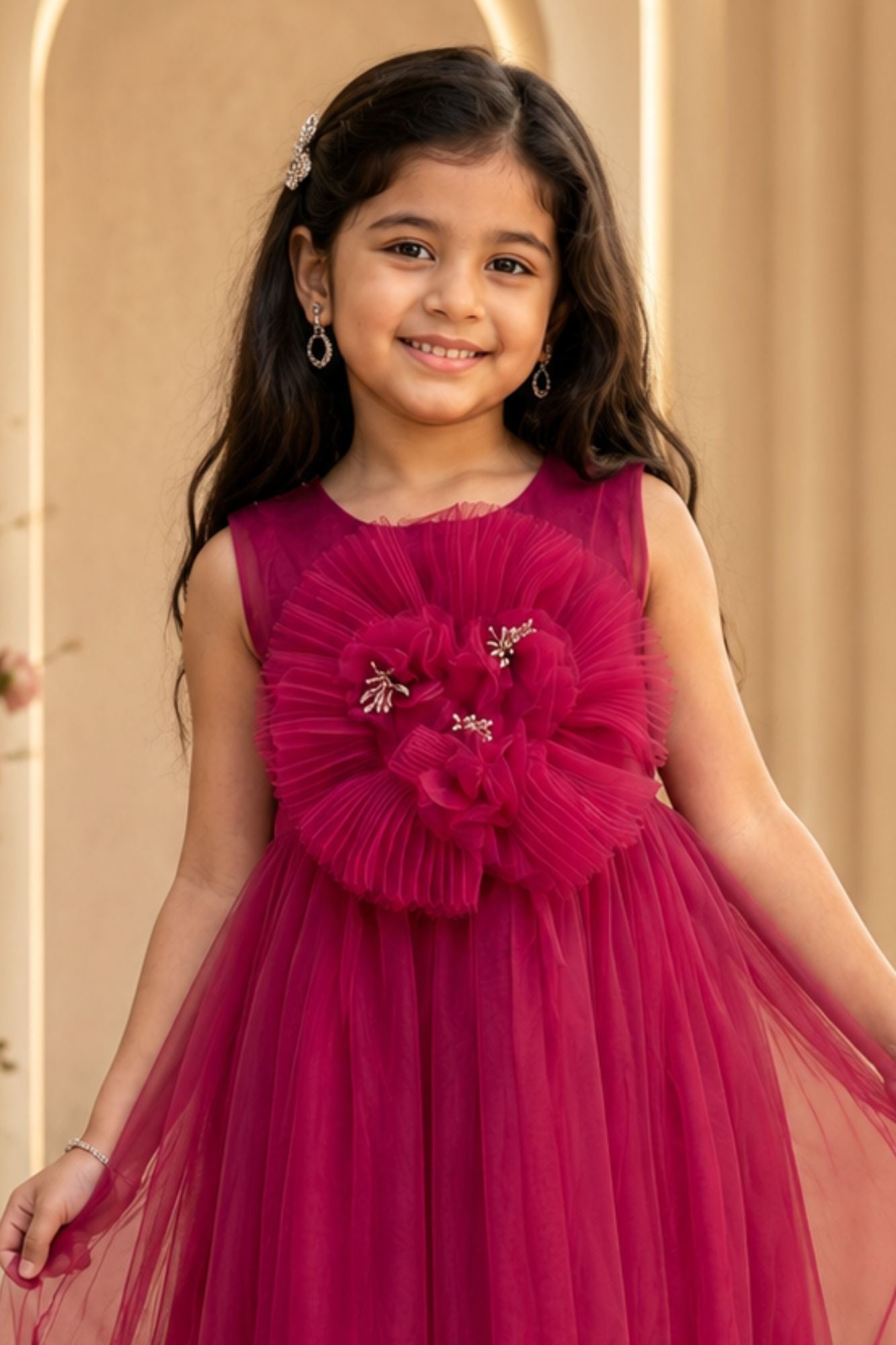 Rani Pink Party Frock with Oversized Floral Appliqué For Girls
