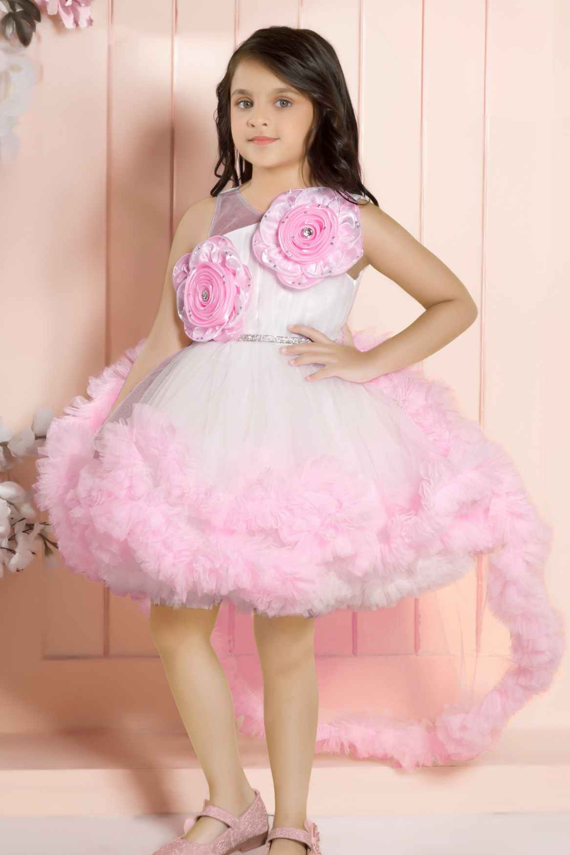 White And Pink Layered Party Frock With 3D Floral Embellished For Girls