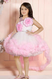 White And Pink Layered Party Frock With 3D Floral Embellished For Girls
