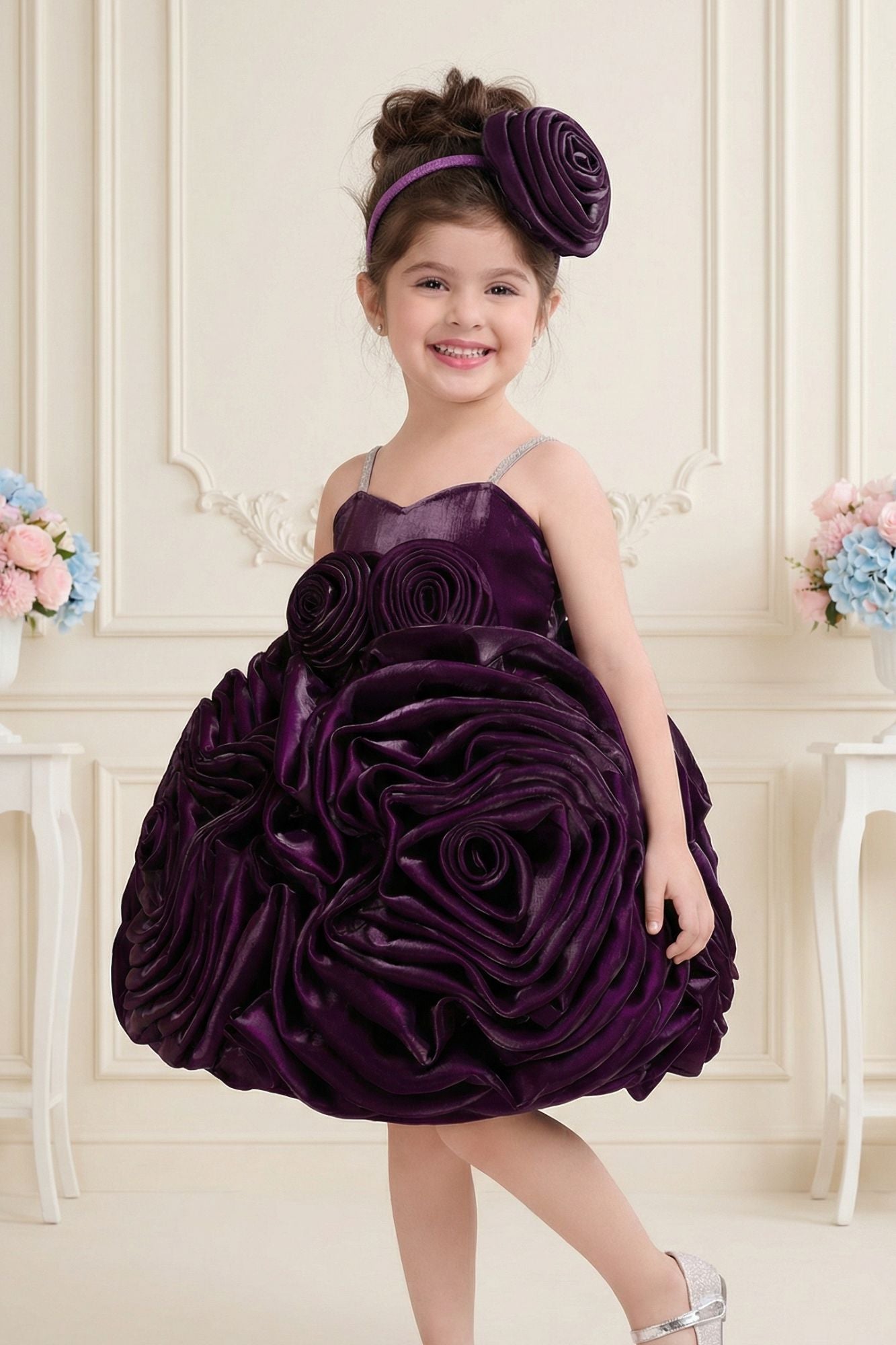 Wine 3D Rosette Appliqué Party Wear  Frock For Girls