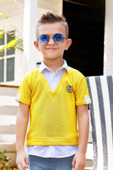 Yellow V-Neck Tee And Denim Shorts With White Shirt Set For Boys