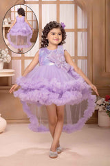 Purple Sleeveless And Sequins With Bow Embellished Tailback Frock For Girl