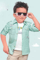 Green Checked Shirt And Fawn Pant With T Shirt Set For Boys