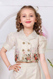Cream Floral Printed Top and Wide Legged Pant Set With Hand Bag For Girls