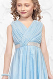 Sky Blue Pink Shimmer Party Gown For Girls